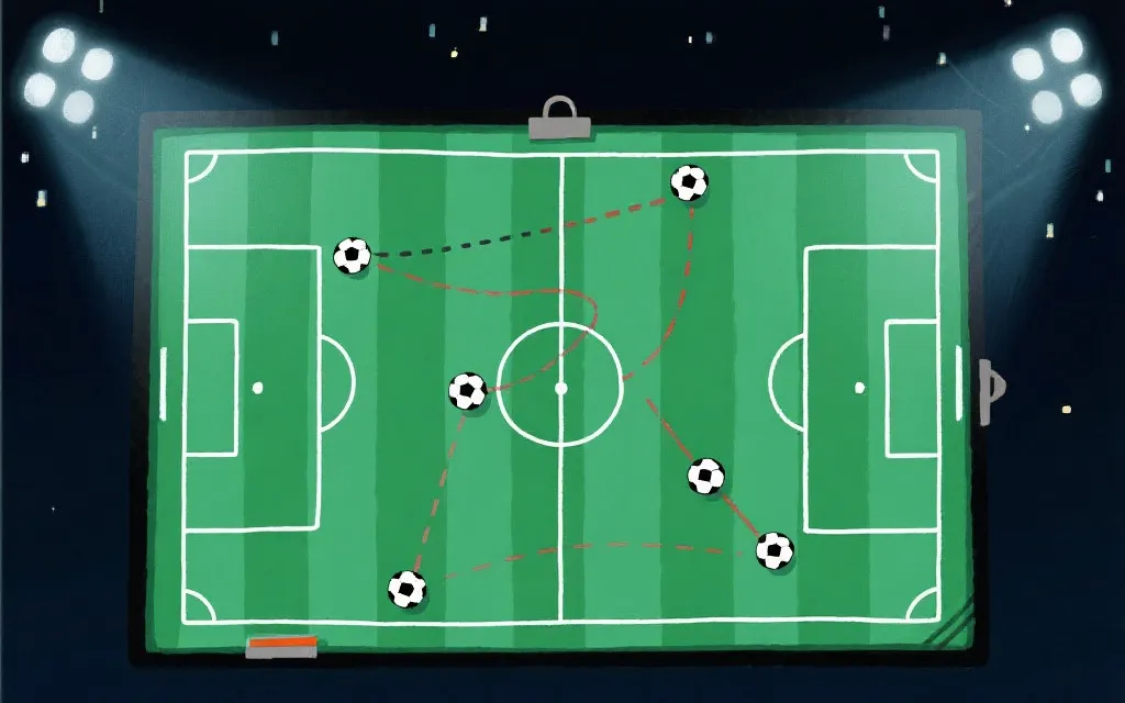 夜间球场战术板风格插画：控球线路、逼抢箭头与反击路线在同一张图上交错
